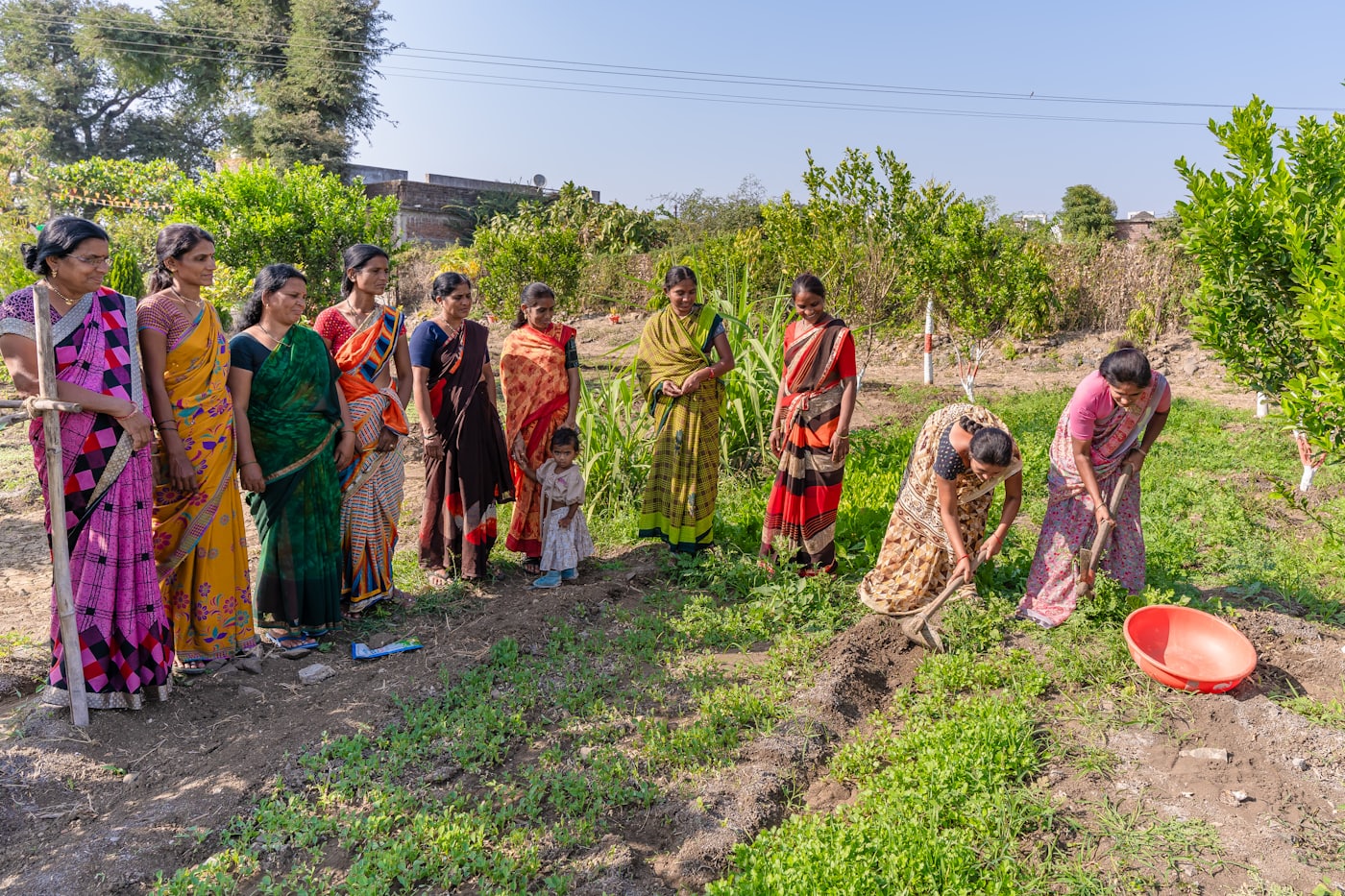 A group of women volunteers standing together in a field